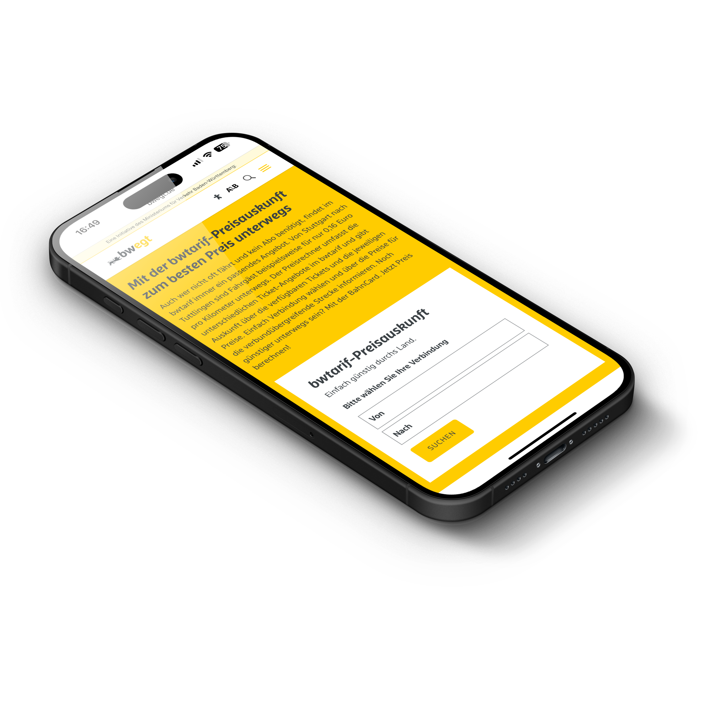Smartphone mit geöffneter bwegt-Preisauskunft Seite