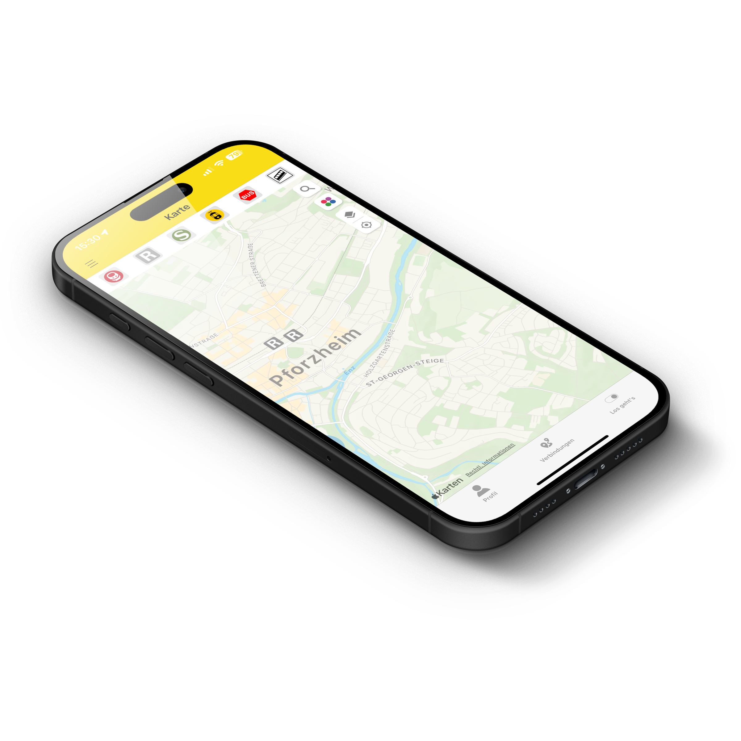 Smartphone mit geöffneter bwegt CiCoBW-App zeigt eine Karte von Pforzheim.