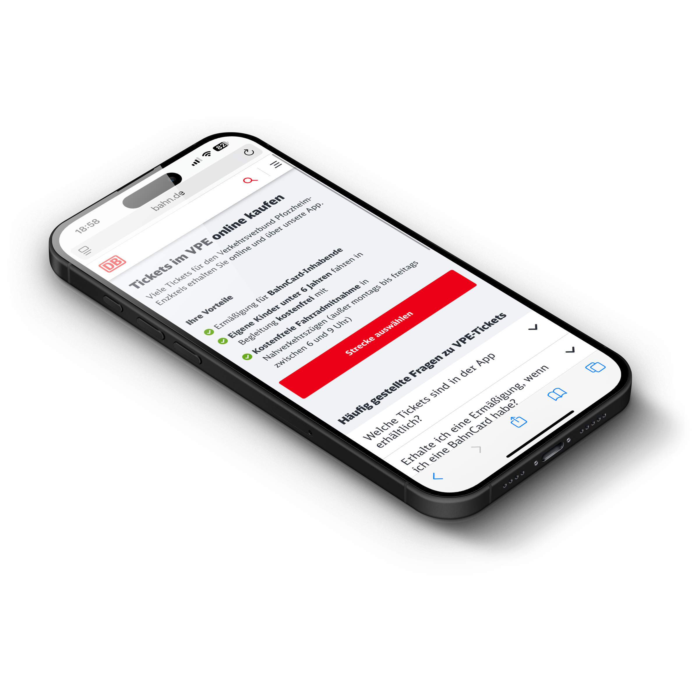 Ein Smartphone zeigt die DB-Website mit Infos zum Ticketkauf im VPE.